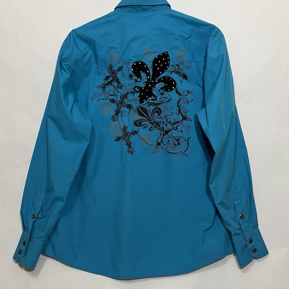 Y2K Ace Of Diamond Western‎ Shirt Turquoise Embroidered Cross Fleur De Lis Large - Picture 9 of 12